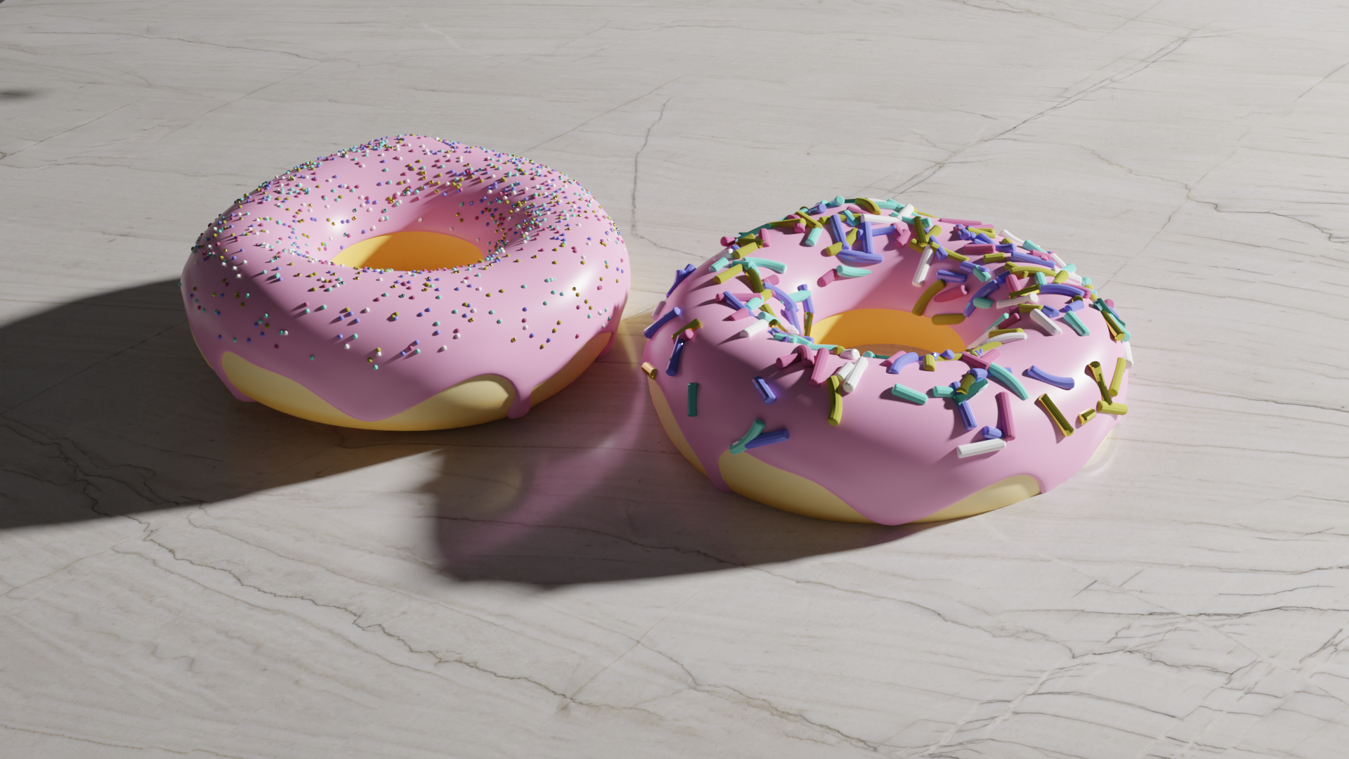 3D Render of a pink donut with sprinkles and coffee